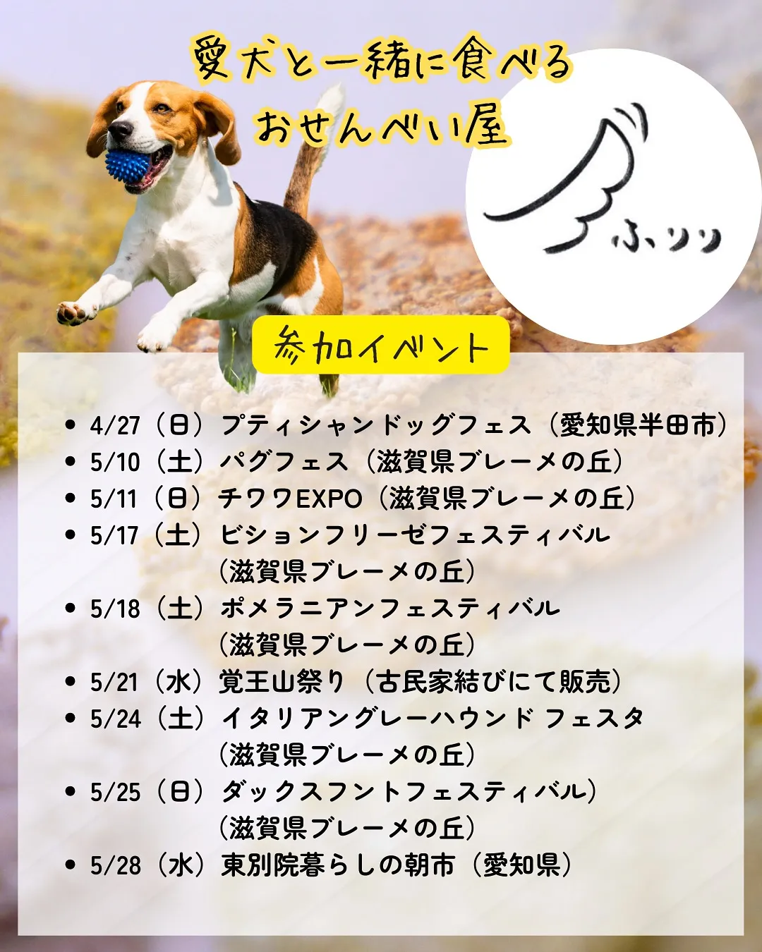 愛犬と一緒ご来店できるおせんべい屋さんふりり実店舗営業日と、...